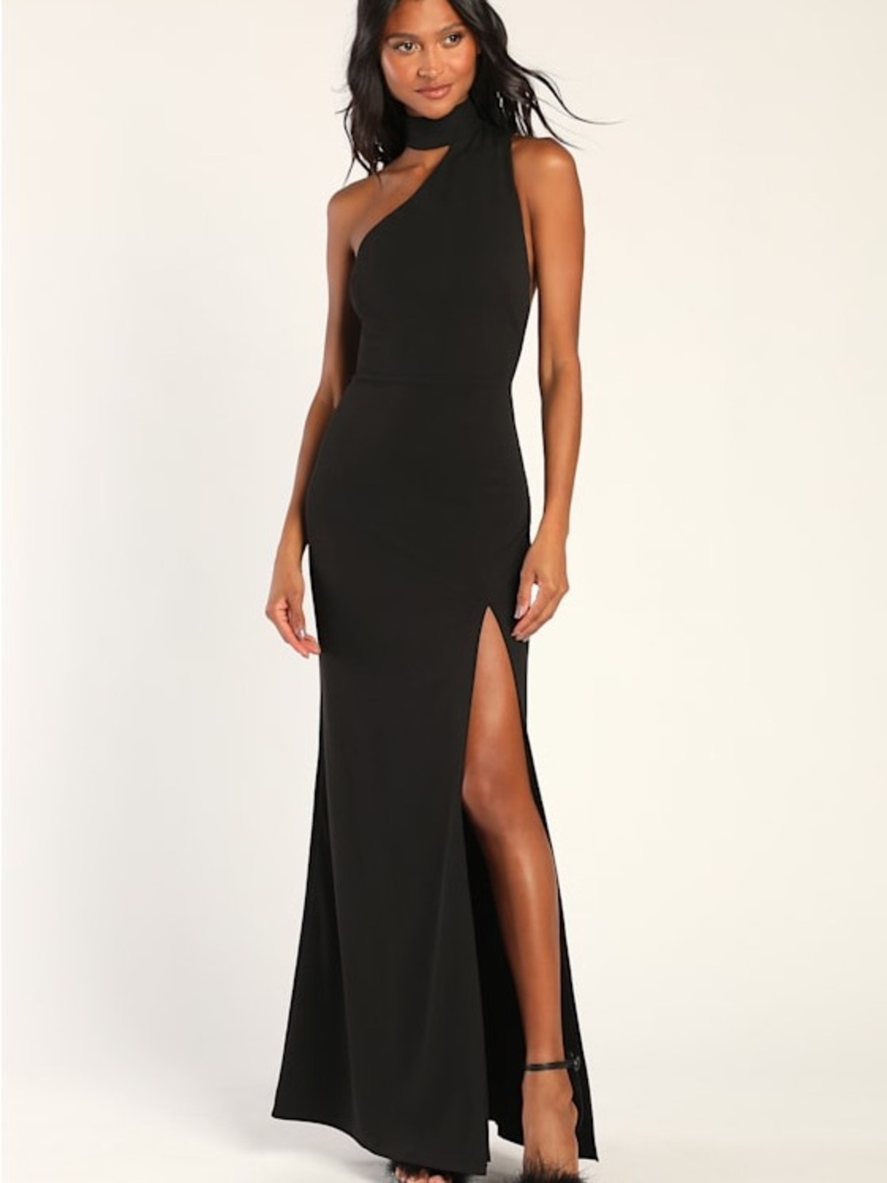 Lulu's | Keep It Interesting Black One-Shoulder High-Slit Maxi Gown Size Small